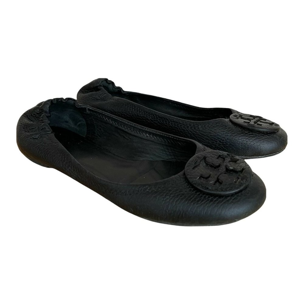 Tory Burch Women's Sz 8 Tumbled Reva Ballet Flat Black Leather Logo Slip On Shoe